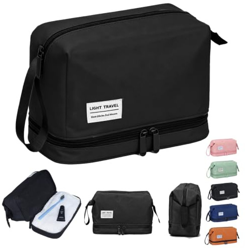 KORVANO Trousse de Toilette pour Unisexe, Accessoires de Toilette Sac de Rasage avec Couche de Séparation Sèche et Humide, Imperméable Sac de Toilette, Noir, Classique