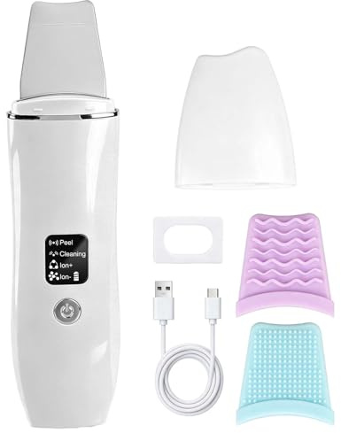 Ultrasonic Skin Scrubber Blackhead Remover Face Spatula Pore Cleaner | with 4 Modes, Deep Cleansing Exfoliator, USB Rechargeable, Comedone Extractor with 2 Silicone Covers for Skin Care