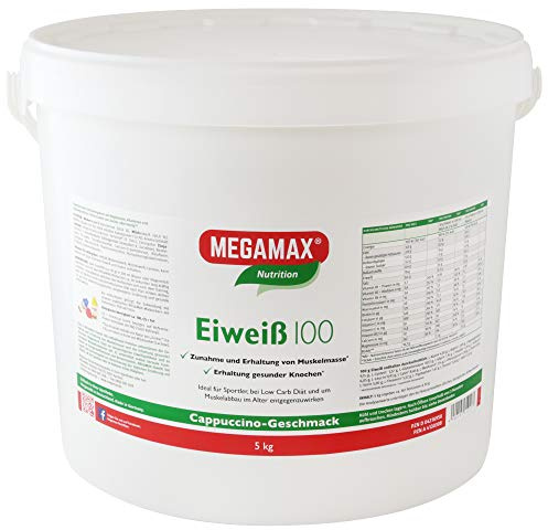 Megamax Eiweiss Cappuccino 5 kg | Molkenprotein + Milcheiweiß Für Muskelaufbau ,Diaet | 2k-Eiweiss ideal zum Backen | hochwertiges Low Carb Eiweiß-Shake | aspartamfrei Protein-pulver mit Aminosäuren