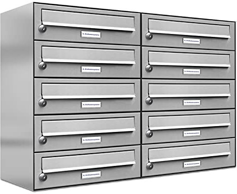 AL Briefkastensysteme 10er Briefkastenanlage Edelstahl, Premium Briefkasten DIN A4, 10 Fach Postkasten modern Aufputz