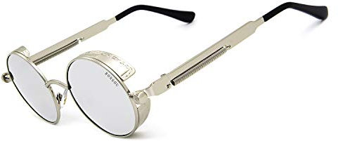 RONSOU Steampunk Style Round Vintage Polarized Sunglasses Retro Eyewear UV400 Protection Matel Frame Silver Frame Silver Lens