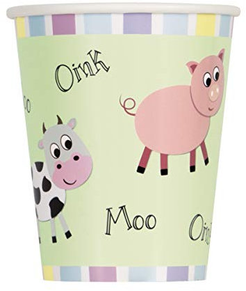 Unique Party 54846 - Gobelets en Carton - 266 ml - Fête à thème des Animaux de Ferme - Paquet de 8