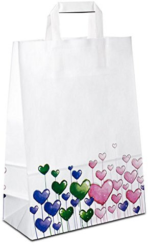 50 x Papiertüten 26+12x35 cm mit Motiv: Herzen | stabile Geschenktaschen für Handel, Mitbringsel, Geburtstag | Papiertaschen aus Kraftpapier| HUTNER