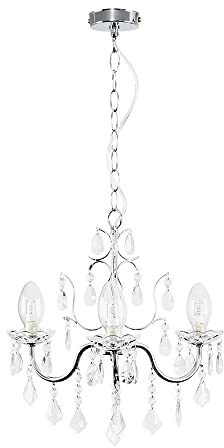 MiniSun | Modern 3 Way Silver Chrome Chandelier with Clear Glass Droplets | Chandeliers, Home Décor & Improvement Essential | Includes 3W LED Bulbs [3000K Warm White] | Mains Wired