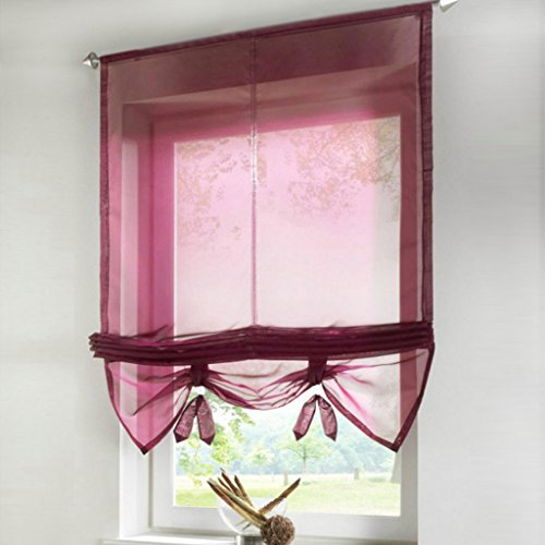 HongYa Uni Raffrollo Tunnelzug Raffgardine Transparenter Voile Bändchenrollo Küche Gardine H/B 155/60 cm Beere