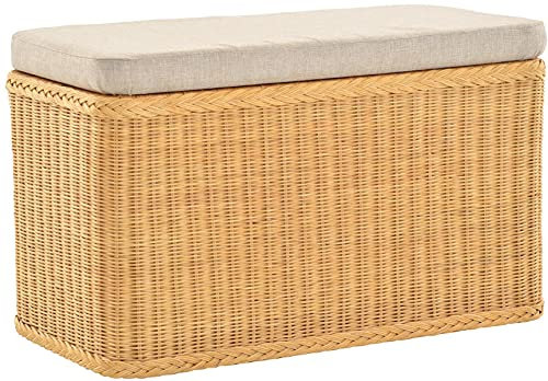 Rattan Wäschekorb Wäschetruhe Sitz gepolstert Honig, Flur-Bank Aufbewahrungsbox mit Deckel Bad-Hocker Sitzhocker Wäschesammler Sitz-Truhe Natur (Honig, Rechteckig)