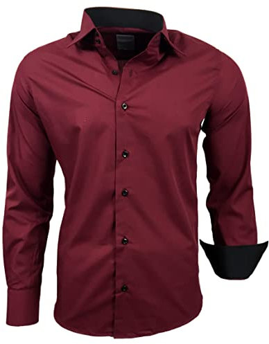 Subliminal Mode – bügelleichtes Hemd Herren Kragen zweifarbig Uni Langarm Slim Business Geschenkidee Weihnachten Valentinstag RN44, bordeaux, 58