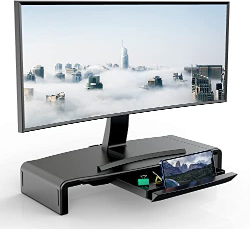 Support de moniteur, étagère pour ordinateur portable avec tiroir organiseur, longueur réglable, haut-parleur TV, PC, ordinateur portable, ordinateur, ordinateur, ordinateur, EURPMASK (Noir)