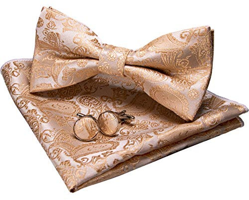 JEMYGINS Gold Paisley Fliege und Einstecktuch mit Manschettenknöpfe Sets für Herren (Gold2)