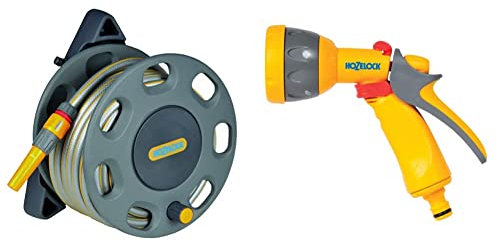 Hozelock 30m Wall Mounted Reel with 15m hose & Spray Gun, Multi-Colour