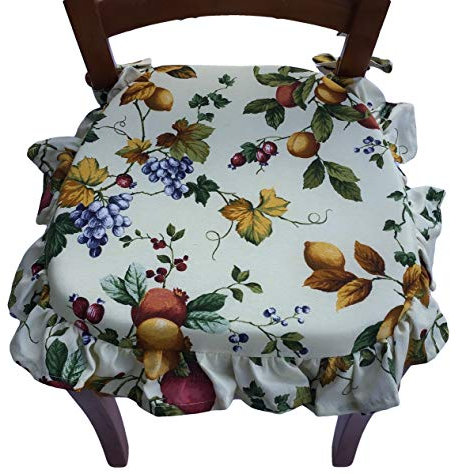 mauro Sitzkissen Stuhl Stuhlkissen Küche Kissen mit Rüschen 4er Set für Küchenstühle – Schwerer Baumwollstoff – mit Bindebändern – mit Reißverschluss – Größe 39 x 39 cm + Rüschen-