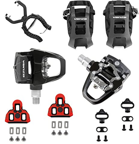Venzo 4 in 1 Kompatibel mit Shimano SPD-SL & SPD, Zehenkäfige Pedale Set mit Käfigentfernungswerkzeug – 9/16 Zoll Heavy Duty Sealed Bearings Spindeln – für Indoor Fitness Heimtrainer Fahrräder