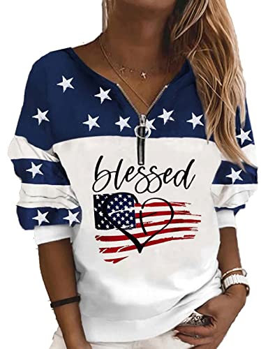 Damen Sweatshirt mit USA-Flagge, lässiger gestreifter Druck, Pullover mit Reißverschluss, amerikanischer patriotischer Pullover, white, L