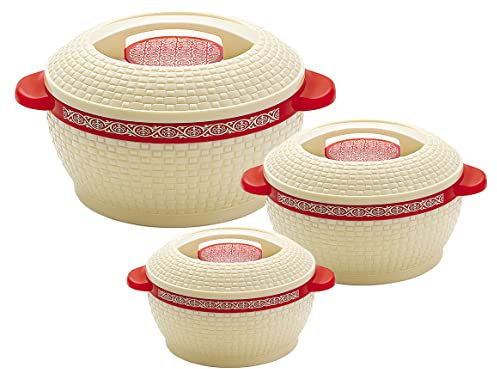 Insulated Hot pot Casserole Hot & Cool Food Serving Dish with Lid, Double Wall. Stainless Steel Inside Set of 3 (Size 1500,2000, & 2500ml) (Cream/Red Strip)