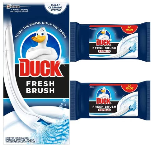 Toilet Cleaner Starter Kit Bundle Includes 1 Duck Fresh Brush With Holder and 24 Flushable Cleaning Duck Fresh Brush Refill Pads