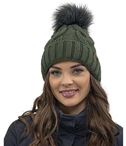 VIVISENCE Wintermütze Mit Bommel Damen Perfekte Passform Warmes Strickmütze Herbst Frauen Mütze Für Winter Aufgerolltem Design Für Extra Wärme Ideal Für Kalte Wintertage Modell, Grün,Einheitsgröße