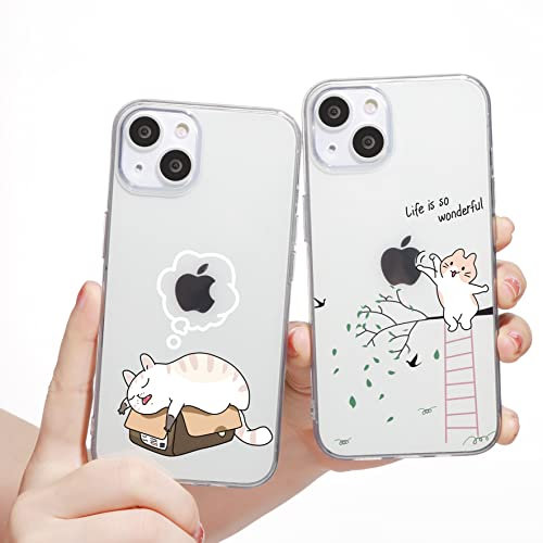Yoedge 2 Stück Durchsichtig Hülle für iPhone 13 / iPhone 14 6,1, Transparent Handyhülle mit Aesthetic Motiv Mode Chic Muster, Ultra Dünn Weich Klar Silikon TPU Stoßfeste Bumper Schutzhülle, Katze