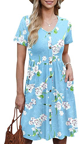AUSELILY Womens Summer Dress Short Sleeve Knee Length Dress Casual Empire Dress A Line Swing Dresses with Pockets