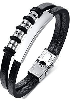 FLHEART Personalisierte Armband Herren Lederarmband mit 2-7 Namen Perlen benutzerdefinierte Name ID Armbänder für Papa Freund Ehemann Familie für Weihnachten, Geburtstag, Valentinstag,Silber,4 Namen