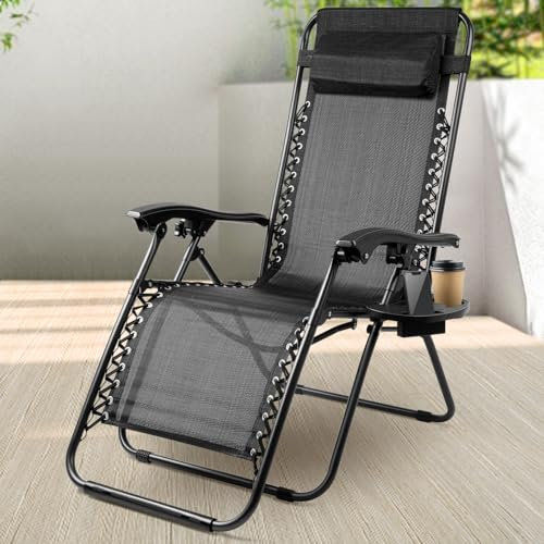 Soontrans Liegestuhl mit Getränkehalter & Kopfkissen, Sonnenliege, Stufenlos Verstellbare Liegesposition, Lang & Hoch Genug, Textilene, 120 kg Belastbar, Liegestuhl Klappbar für Garten Terrasse Strand