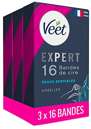 Veet EXPERT - 48 Bandes de Cire Froide Aisselles - Peaux Sensibles - Finition Parfaite - Epilation Longue Durée - Lot de 3x16 bandes