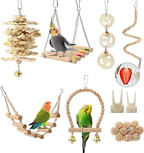 Lot de 18 balançoires à suspendre pour cage à oiseaux, perchoir, échelle à mâcher, hamac pour perruches, calopsittes, inséparables, conures, aras, pinsons et autres petits animaux de compagnie