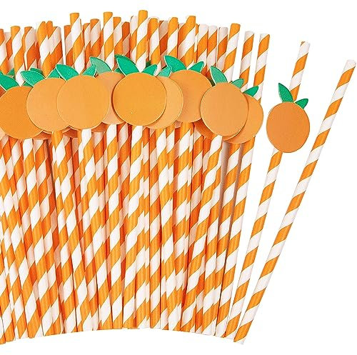 50 Pcs Orange Striped Paper Straws Disposable Drinking Straws Orange Fruit Straws for Fall Leaf Autumn Wedding Baby Shower Decorations Birthday Party Supplies, 0.24 X 7.76 Inches