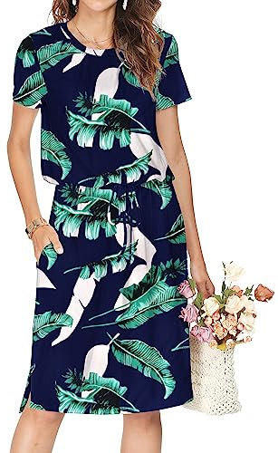 Cuptacc Kleid Hochzeitsgast Damen Hemdkleid Wie Party Kleider Damen Festlich Elegant Kleider Sommerkleid Damen Kurz Frauen Elegant Blusenkleid Palmblattblau XL 46-48