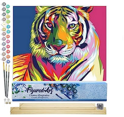 Figured'Art Peinture par Numéro Adulte Tigre Pop Art 2 - Activité Manuelle Kit de Loisir Créatif DIY Numéro d'Art Complet - 40x50cm avec châssis en bois à monter