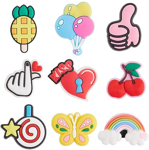 GORGECRAFT 27 abalorio de 9 Estilos para Cordones de Zapatos de Dibujos Animados Cadena de Plástico para Decoración de Zapatos Colorido Corazón de Mano Cereza Arcoíris Cordones de Zapatos Hebillas