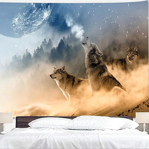 FSLEOVN Wandteppich Wolf 150x200 cm, Wolf Natur Tiere Wandtuch Wandbehänge, Wolf Mond Wald Wandteppich, Tapestry Dekoration für Zimmer/Wohnzimmer/Wohnheim (A4,180 x 230 cm)