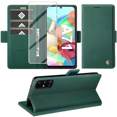 Giyer Handyhülle für Samsung Galaxy A71 Hülle mit Displayschutzfolie, Schutzhülle Galaxy A71 Universal-4G/5G PU Leder Wallet Flip Case Standfunktion Kartenfach Klapphülle für Samsung A71 Cover (Grün)