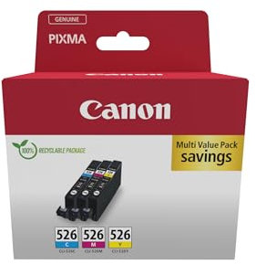 Canon CLI-526 C M Y Vorteilspack 3 Tintenpatronen (Cyan, Magenta, Gelb) Original [Umweltfreundliche Recycle-Kartonverpackung 2024 mit Diebstahl Sicherungsetikett]