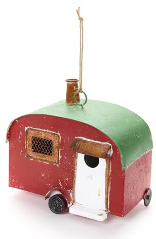 Nuvole di Stoffa Hängender Wohnwagen aus rotem, grünem und weißem Metall mit Vintage-Antik-Effekt, Shabby Chic 28x25 cm