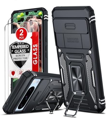 LeYi for Google Pixel 8 Pro Case: Pixel 8 Pro Phone Case with Camera Lens Cover Slider, 2 Pack Screen Protectors, Ring Stand Holder Military Grade Protective Shockproof Armour Cover, Black