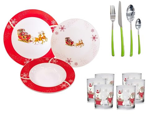 Omniacasa Juego de 18 platos de porcelana con 24 cubiertos y 6 vasos de Navidad para 6 personas, decoración de Papá Noel con paisaje de reno y árbol