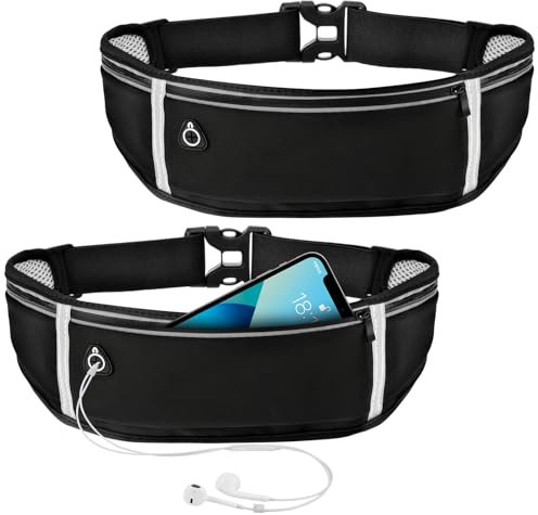WuGU 2 Stück Laufgürtel, Lauftasche Jogging, Bauchtasche Wasserdicht mit 3 Taschen, Verstellbare Lauftasche mit Nacht Reflexband und Kopfhöreranschluss für Gehen, Marathon,Verstellbarem Gummiband