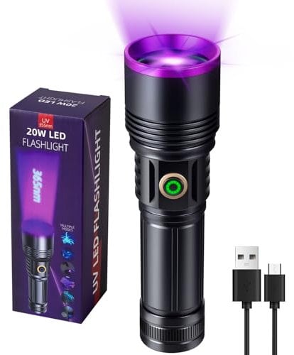 LEKIA Lampe Torche UV LED 365nm, 20W Puissante Rechargeable USB-C Lampe UV Lumière Noire pour Détection D'urine D'animaux Domestiques, Durcissement de la Résine, Scorpion, Rounding, Batterie 3000mAh