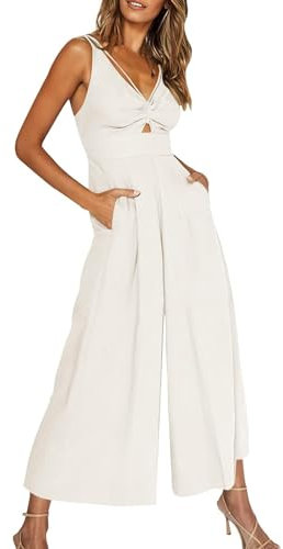 Arbeitsoverall Wide Leg Hosenanzug Damen Festlich Onesie Damen Jumpsuit Damen Sommer Anzug Damen Elegant 2 Teiler Sport Overall Damen Jumpsuit Damen Schwarz Yoga Jumpsuit Damen(Weiß,S)