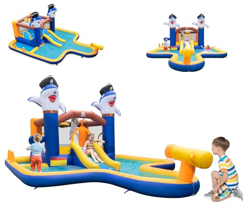 COSTWAY Château Gonflable en Forme Requin avec Toboggan & Maison de Saut, Aire de Jeux Gonflable avec Piscine et Canon à Eau, Charge 90kg pour 2 Enfants de 3-10 Ans, 578x408x250 cm