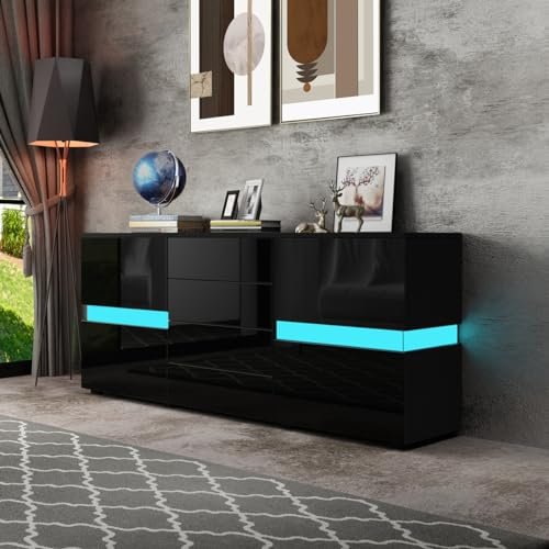Kommode Sideboard Komodenschrank Buffet mit LED 2 Türen 4 Schubladen mit Drucksystem für Esszimmer Küche Wohnzimmer Hochglanzfront (Schwarz)