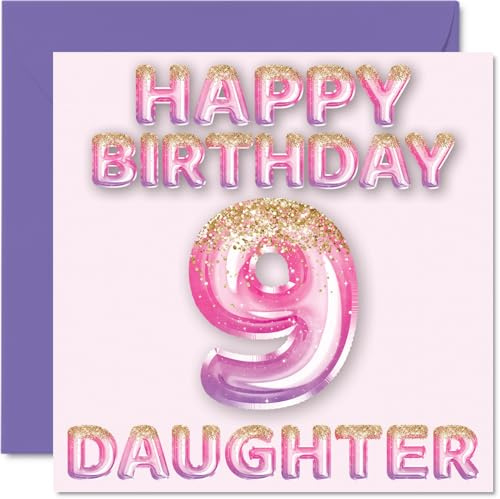 9th Birthday Card for Daughter, Pink & Purple Glitter Balloons