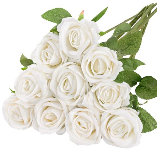 N&T NIETING 10pcs Artificial Roses Silk Fake Flowers, Realistic Single Long Stem Faux Roses White Rose Bridal Bouqets for Wedding Birthday Party Arrangment Home Decor