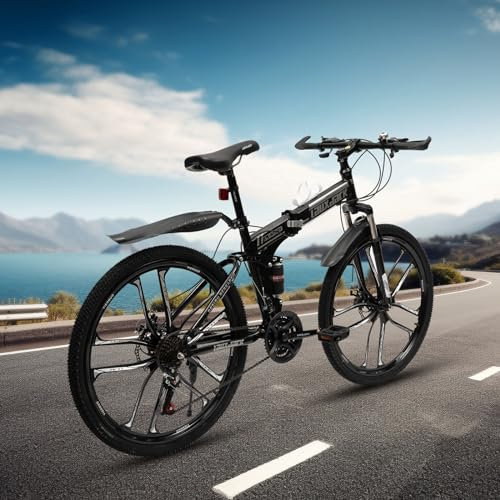 RUETERY 26 Zoll Mountainbike, 21 Gang und Scheibenbremse Fahrrad, Klappbares Fahrrad, MTB Unisex Bike mit Gabelfederung, für Jungen, Mädchen, Damen und Herren, Schwarz + Weiß