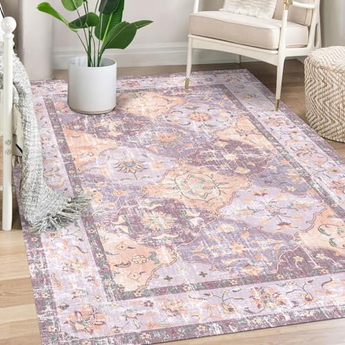 Waschbarer Boho-Teppich im Vintage-Stil, rutschfest, traditionell, Mauve, Violett, für Kinderzimmer, Wohnzimmer, Schlafzimmer, Esszimmer, Mädchenzimmer