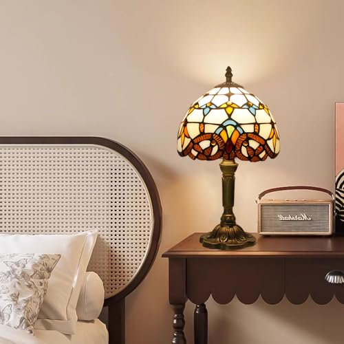 Mengjay Tiffany Style Tischlampe,Vintage Tischlampe Glasmalerei Lampenschirm Tischleuchte,Retro Nachttischlampe E27 Nachtlampe für Schlafzimmer,Wohnzimmer (Beige)