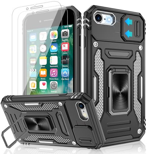 Jshru for iPhone SE 2022 & 2020 Case with Screen Protector,iPhone 7/8 case,[Built-in Camera Cover],Ring Kickstand Phone Cover for iPhone SE 4.7'',Black