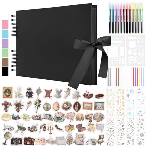 DazSpirit 80 Leere Seiten Fotoalbum zum Selbstgestalten, DIY Scrapbook Fotobuch zum Einkleben, mit 12 Marker & 7-Aufkleber, Gästebuch Ideal für Geburtstag Familie, Hochzeiten, Reisen, Schwarz