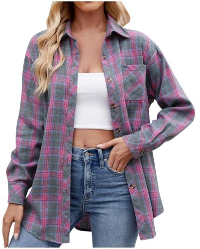 Veste Chemise a Carreaux pour Femme Chemise Décontracté Oversized Chemisier Blouse à Manches Longues Bûcheron Manteau avec Bouton Chemise à Carreaux en Flanelle Manches Longues Jacket Pas Cher