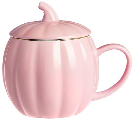Skeadex Taza de calabaza de Halloween, taza de café de cerámica con tapa, 400 ml, calabaza, regalos de Halloween para amigos (rosa claro)